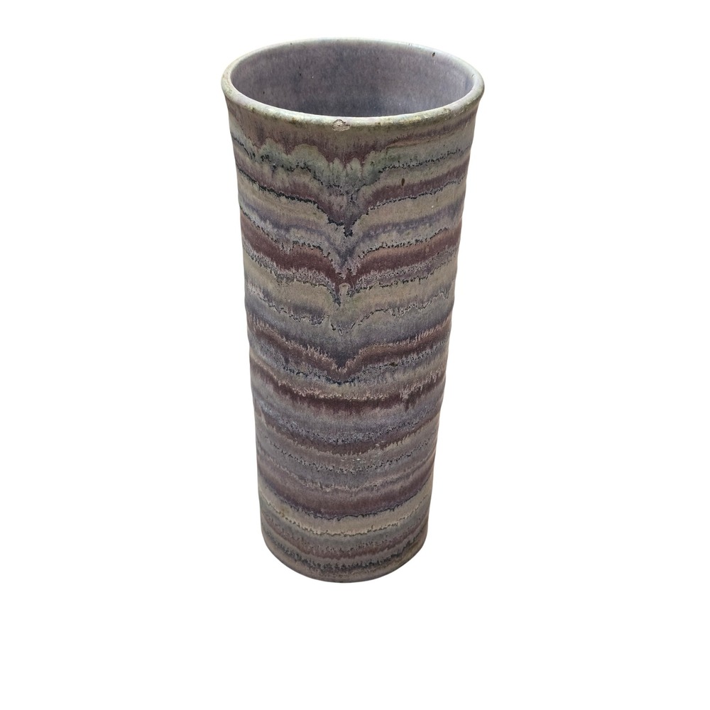 Artist Signed Studio Pottery Cylinder Vase Purple Lavender Banded Glaze